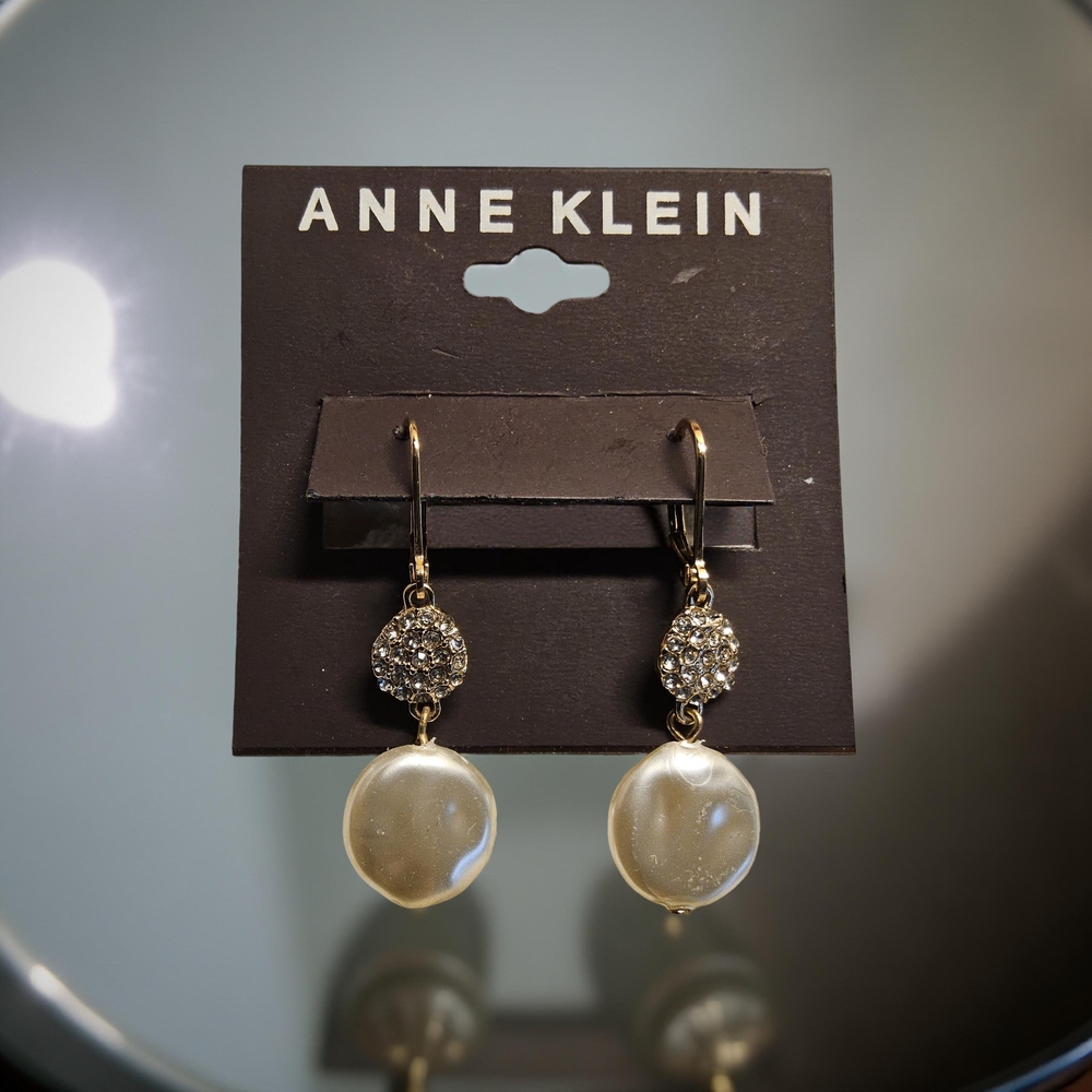 Anne Klein Gold tone white pearl crystal double drop Earrings
